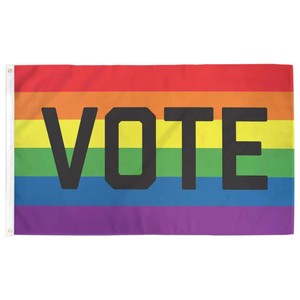 Drapeau rectangulaire respirant en polyester durable pour l'extérieur, motif drapeau arc-en-ciel de la fierté avec texte de vote, style défilant, avec mât en aluminium - Product Image 1