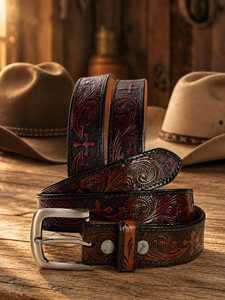 Ceinture en cuir véritable de style western avec broderie paisley, boucle rectangulaire argentée, durable, style décontracté vintage, à porter au quotidien - Product Image 2