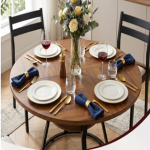 Metal Frame Wooden Top Round Dining <b>Table</b> Black Conical Shape Base Dining <b>Table</b> For Home & Restaurant Use Dining <b>Table</b> 4 Seater - Product Image 5