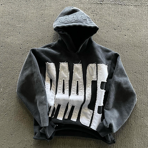 Vente en gros de sweats à capuche pour hommes en molleton épais vintage, style hip-hop, avec strass, effet vieilli, unis, personnalisables, délavés à la pierre et découpés au laser - Product Image 5