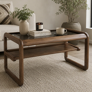 Table basse moderne à deux niveaux pour salon, en bois de manguier massif avec plateau en verre combiné, bords légèrement courbés, finition Tubbag - Product Image 1