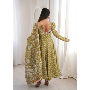 Classic Printed Maslin Anarkali Gown Set With <b>Mirror</b> Lace Organza Dupatta Straight Pant Fully Stitched Ethnic Wear( HTU 55) - Product Image 6