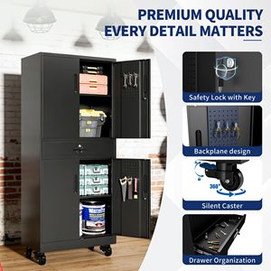 Armoire de rangement de garage robuste de 71 pouces avec portes verrouillables, 2 étagères réglables et un tiroir, armoire à outils en métal - Product Image 3