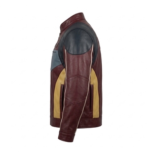 Blouson de motard en cuir véritable bordeaux pour homme, avec épaulettes noires et poche poitrine gris ardoise, fabrication OEM ODM sur mesure, vente en gros - Product Image 4