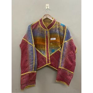 Premium Patchwork Mandarin Collar Kantha <b>Jacket</b> Full Sleeve Batwing Style Knitted Eco-Friendly Quick Dry Cotton Winter Women's - Product Image 3