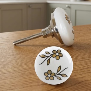 Porcelain Cabinet <b>Knob</b> Round Floral Design Modern Style Kitchen Dresser Handle Durable <b>White</b> with Brown Flowers - Product Image 1