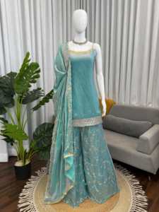 Designer Party Wear Thread And Sequence Work Fandy <b>Silk</b> Top With Plazzo And Fancy Dupatta Ready Made Suit Set - Product Image 3