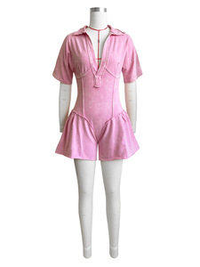 Mono de algodón rosa para mujer con cuello vuelto, manga corta, cintura alta, estilo casual de verano, largo por encima de la rodilla - Product Image 1