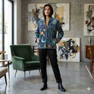 Suzani Embroidered Quilted Knitted Velvet Bomber <b>Jacket</b> Handcrafted Floral Boho Statement Wear Full Sleeve Eco-Friendly Autumn - Product Image 1