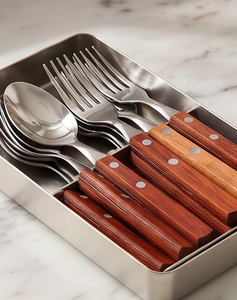 Stainless Steel Cutlery Set With Wooden Handle <b>Mirror</b> Polish Dishwasher Safe Minimalist Design For <b>Camping</b> And Daily Use - Product Image 5