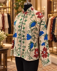 Suzani Beige <b>Velvet</b> Embroidered <b>Jacket</b> for <b>Women</b> Elegant Ethnic Open Front Floral Embroidery Luxury Winter Fashion Outerwear - Product Image 3