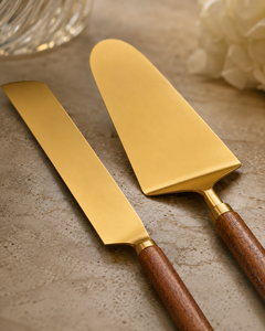 Ensemble de couteau et spatule à gâteau moderne doré, manches en bois, acier inoxydable poli miroir, couverts élégants pour gâteau de mariage, lavage à la main - Product Image 4