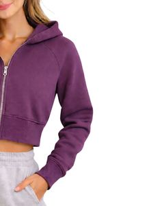 Sudadera con capucha corta para mujer, color morado ciruela, de algodón y forro polar, corte ajustado, estilo casual, ligera, para uso diario. - Product Image 3