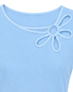 Manufacturer Custom Light Blue Women Casual Flower Neck T Shirt Soft Breathable Summer <b>Top</b> Short Sleeve Fashion Blouse Outfit - Product Image 5