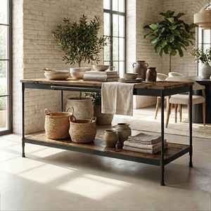 Table console d'entrée en fer forgé moderne faite à la main avec plateau en bois massif et étagère de rangement, style rustique industriel pour salon - Product Image 3