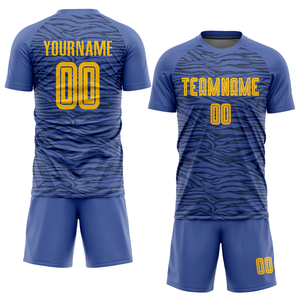 Maillots de football bleu roi et jaune, anti-transpiration, en tissu poly interlock côtelé à motif ondulé linéaire, col ras du cou, manches courtes - Product Image 1