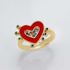 925 Sterling <b>Silver</b> Gold Plated Cubic Zircon Heart Shape Red enamel <b>adjustable</b> Rainbow <b>ring</b> Jewelry for women Wedding - Product Image 1