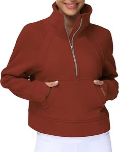 Women's' Half <b>Zip</b> Pullover Fleece Stand Collar <b>Crop</b> Sweatshirt with Pockets Thumb Hole Unlined Polyester/Cotton Blend Knitted - Product Image 3