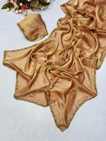 Sari indien en chiffon riche et doux Fendi, orné de perles et d'un bordure riche faite main, écologique, avec chemisier, toutes saisons