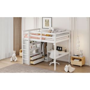 Letto a Soppalco Bianco Full-Size con Armadio Integrato, Scrivania e Scaffali - Soluzione Completa di Arredamento in Legno - Product Image 6