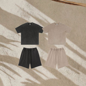 Unisex Solid Vintage Streetwear Snow Wash Breathable 100% Cotton Shorts Set <b>T</b>-<b>Shirt</b> Men's Knitted Summer Wear - Product Image 4