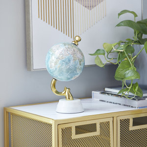 Blue Ocean World Globe with Gold Metal Curved Stand and <b>White</b> Marble Base Modern Tabletop Decor - Product Image 6