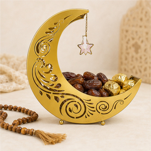 Luxury Gold Metal Ramadan Serving Tray for Dates and <b>Chocolates</b> Hollow-Out Crescent Moon Eid Mubarak Dessert Platter - Product Image 2