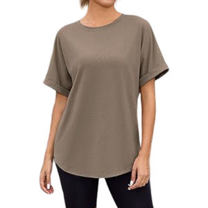 T-shirts à manches courtes et col rond pour femmes, couleur café, style décontracté tendance pour l'été, personnalisables avec logo imprimé sur toile vierge - Product Image 6