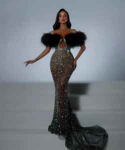 Vestido de Noche de Lujo con Pedrería de Cristal y Plumas, Estilo Sirena, con Hombros Descubiertos y Brillantes Cristales, con Plumas en el Busto - Product Image 1