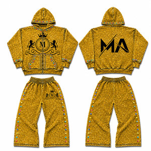 Conjunto Deportivo para Hombre, Dorado, Lavado Ácido, con Capucha, Manga Larga, 100% Algodón, Sudadera con Pedrería, 450 Gsm, Decorado, Estilo Urbano, Casual - Product Image 1