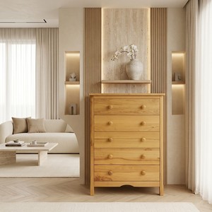 Commode à 5 tiroirs en bois massif, style scandinave, en pin, pour chambre à coucher, autoportante - Product Image 1