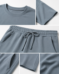 Conjunto de Camiseta y Pantalones Cortos Oversize Azul Polvoriento para Hombre, 100% Algodón Terry, Ropa Casual de Verano, Transpirable, Tejido de Punto, Ecológico - Product Image 4