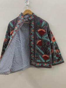Luxury Gray Velvet <b>Embroidered</b> Suzani <b>Jacket</b> With Floral Pattern Full Sleeve Stand Collar Bohemian <b>Women</b> Autumn Outerwear - Product Image 2