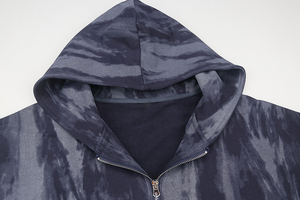 Sweat-shirt à capuche zippé en molleton épais de coton bleu marine à effet marbré pour homme, coupe oversize à épaules tombantes, style streetwear, vente en gros - Product Image 3
