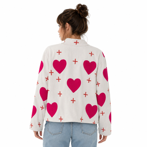 Women's Quilted Velvet <b>Jacket</b> With Heart Applique And Cross Embroidery Pattern Stand Collar Full Sleeve Spring Wear - Product Image 2