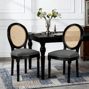 Set di 2 Sedie da Pranzo Imbottite in Stile Country Francese con Schienale in Rattan per Soggiorno, Cucina o Ristorante - Product Image 1