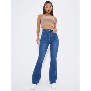 Jean en denim évasé style rétro vintage bleu pierre pour femme, respirant, écologique, mignon, 100 % coton, taille haute - Product Image 5