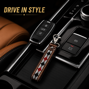 Handcrafted Brown Leather Beaded Keychain with Red Black White Pattern <b>Engraved</b> Accent Metal Swivel Clasp Western <b>Key</b> <b>Ring</b> Bag - Product Image 2