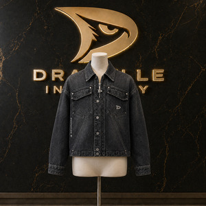 Faded Charcoal Cropped Jean Shacket Slouchy Hip Hop Urbanwear Cotton <b>Shirt</b> With Zipper Metal Buttons - Product Image 1