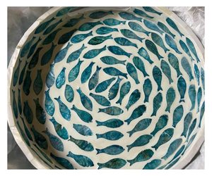 Round Plant Fiber Storage Basket with Blue <b>Fish</b> Pattern Folk Art Design Multi-Purpose Neatening <b>Bowl</b> - Product Image 1