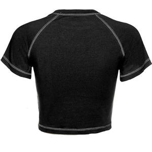 Camiseta deportiva negra de corte cropped para mujer, con cuello redondo, ajuste elástico, costuras en contraste, ideal para gimnasio, entrenamiento y actividades deportivas. - Product Image 4