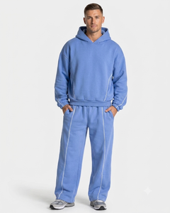 Conjunto Deportivo Azul Azur para Hombre, Talla Grande, con Líneas en Contraste, Sudadera con Capucha de Felpa de Algodón de Primera Calidad y Pantalones Deportivos de Pierna Ancha - Product Image 1