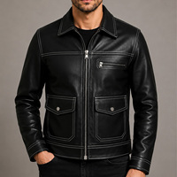 Blouson moto vintage en cuir d'agneau véritable noir pour homme, coupe ajustée, col rabattable, fermeture éclair, manches classiques, style hiver