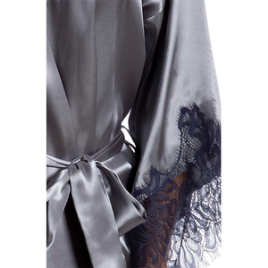 Women Satin Robe Mandarin Collar Solid Color Gray <b>Lace</b> Trim Elegant Sleepwear Shorts Length <b>Elastic</b> Waist Closure 420g - Product Image 3