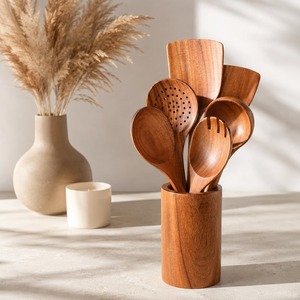 Juego de utensilios de cocina de madera de acacia natural hechos a mano: cuchara, espátula, cucharón, volteador, cuchara ranurada. Ecológico, apto para lavavajillas. - Product Image 2