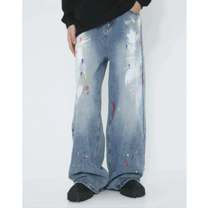 Jean en denim à jambe large, taille haute, coupe ample, délavé, peint à la main, style streetwear, en coton, pantalon tendance printemps - Product Image 2