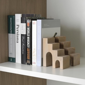 Geometric Wooden Bookends Minimalist Design Sculptural Shape 2Pcs Natural Finish Decorative <b>Book</b> Holder - Product Image 3