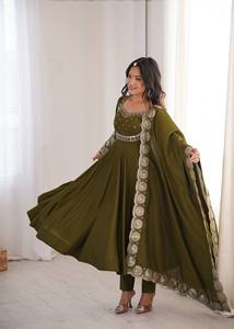 Olive <b>Green</b> <b>Silk</b> Anarkali Suit Set Dupatta Silver Embroidered Indian/Pakistani Ethnic Wedding Wear for Women Floor-Length - Product Image 3