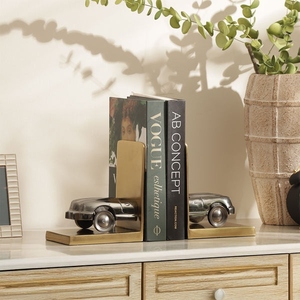 Porte-livres vintage en aluminium coulé, design nouveau, avec base en bois de manguier, ensemble décoratif pour automobile, organiseur de bureau de luxe - Product Image 2
