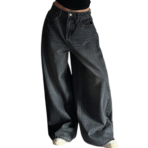 Jeans de mezclilla negros de cintura media y pierna ancha para mujer, de marca personalizada, estilo casual urbano, cinco bolsillos, transpirables, mezcla de algodón, 380g - Product Image 1